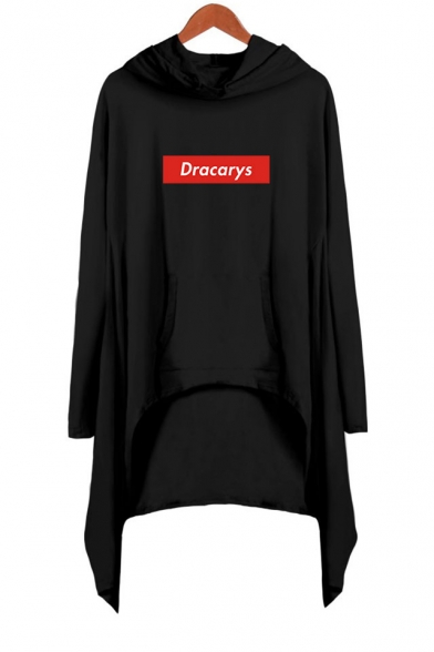 

New Stylish Simple Letter Dracarys Long Sleeve Hooded Shift Asymmetrical Dress, Black;dark navy;pink;white;gray, LM521623