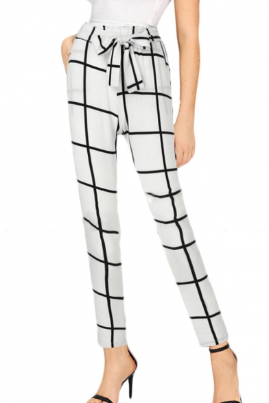 New Trendy Check Printed Bow Tied Waist Womens Slim Fit Pants