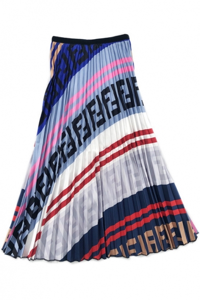 New Trendy Unique Colorblock Summer Long Full Skirt Pleated Skirt