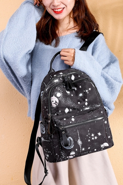 Popular Starry Sky Polka Dot Galaxy Printed Black Backpack School Casual Bag with Zippers 30*14*34 CM