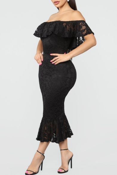Sexy Trendy Off The Shoulder Sleeveless Plain Pattern Cut Out Lace Detail Midi Bodycon