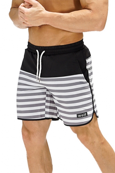 Simple Letter WOLF Striped Printed Drawstring Waist Quick Dry Running Shorts Swim Shorts