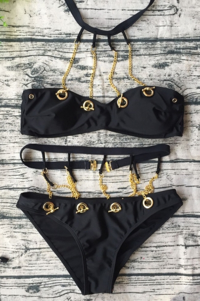 Stylish Metal Chain Patchwork Black Halter Neck Sleeveless Bikini Swimwear