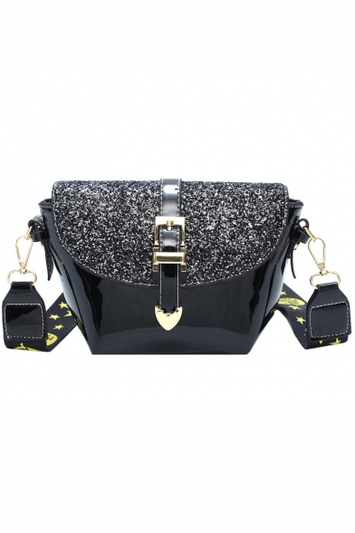 Stylish Stars Printed Strap Luxury Sequin Patent Leather Crossbody Bucket Bag 13*9*15 CM
