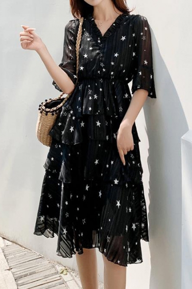 Summer Chic Allover Star Printed V-Neck Layered Ruffle Midi A-Line Dress