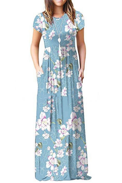 Summer Fancy Light Blue Floral Pattern Round Neck Short Sleeve Maxi Floor Length Dress with Pocket
