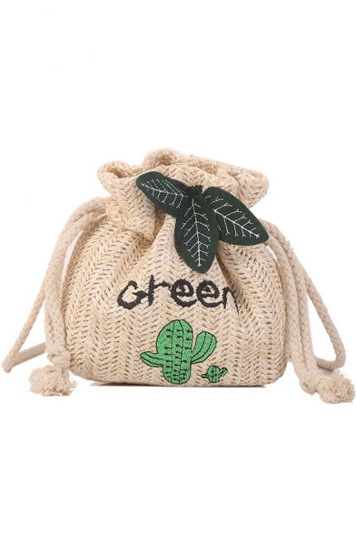 Summer Fashion Cactus Letter Embroidery Leaves Decoration Straw Drawstring Crossbody Bag 19*7*17 CM