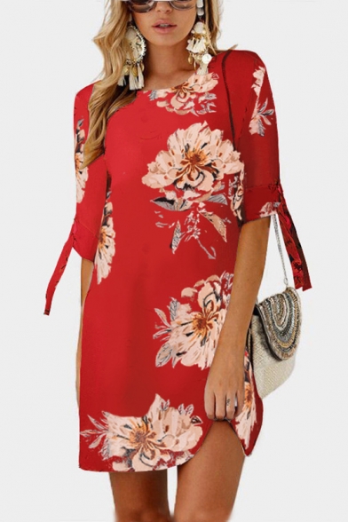 Summer Hot Fashion Floral Print Tie 3/4 Sleeve Round Neck Mini Shift Chiffon Dress for Women