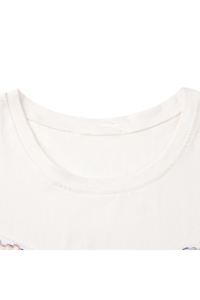 Summer Hot Fashion Simple Tassel Hem Short Sleeve Loose White T-Shirt