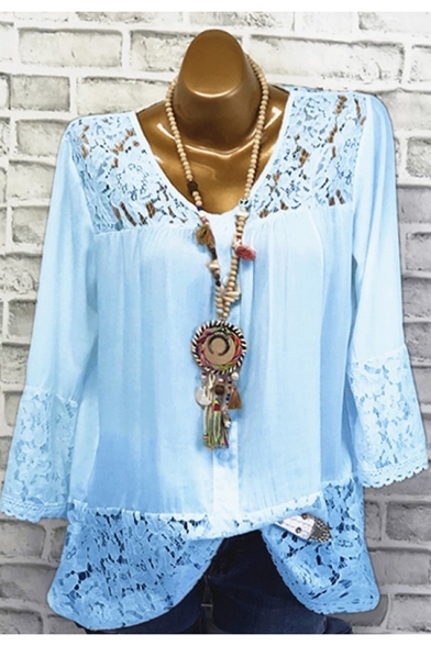 Summer Solid Color V-Neck Three-Quarter Sleeve Lace Panel Relaxed T-Shirt