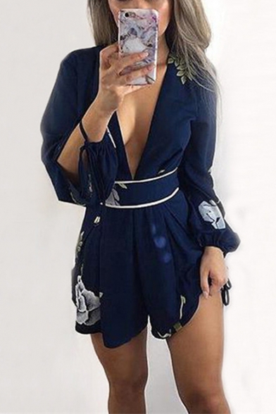 Summer Trendy Chic Floral Printed Sexy Plunged V-Neck Long Sleeve Blue Romper