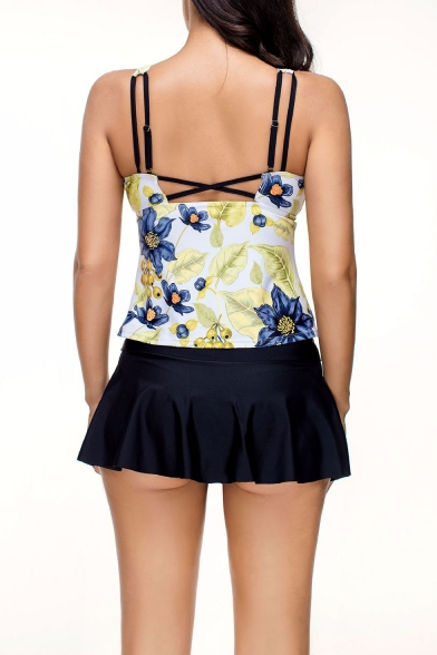 Summer Trendy Yellow Floral Printed Skirt Bottom Two-Piece Tankini for Women