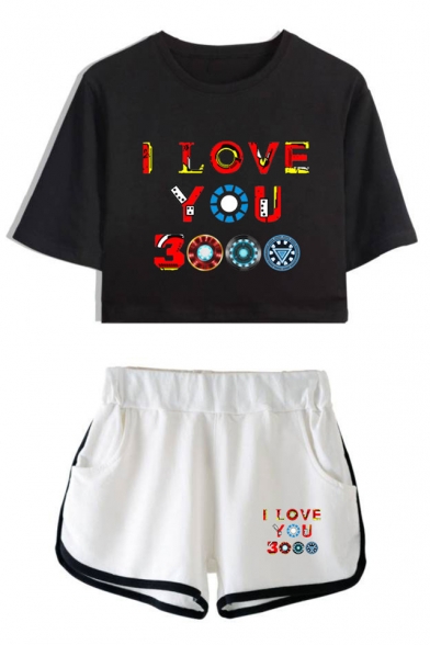 Summer Unique Colorful Letter I LOVE YOU 3000 Short Sleeve Cropped Tee Casual Shorts Girls Two-Piece Set