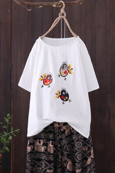 Summer Vintage Cartoon Floral Embroidery Round Neck Relaxed Linen T-Shirt