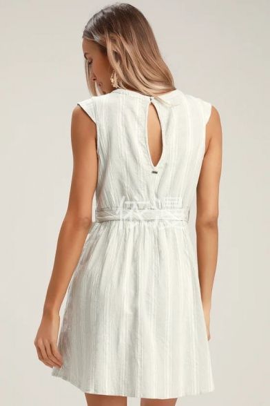 Summer Women's Fashion Stripe Printed V-Neck Sleeveless Cutout Back Tie Waist Mini A-Line White Dress