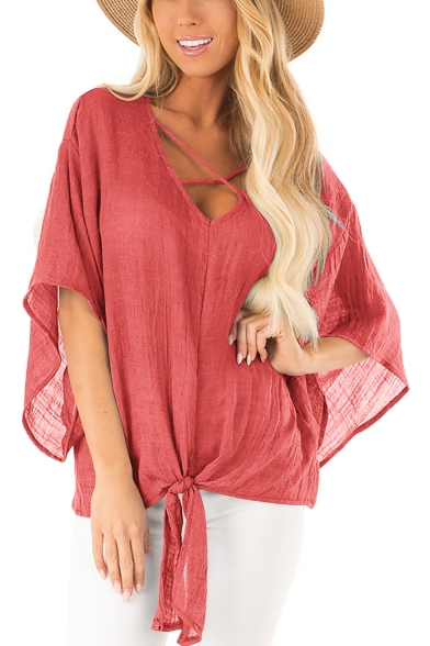 Summer Womens Casual Loose Simple Solid Color V-Neck Tied Hem Blouse Top