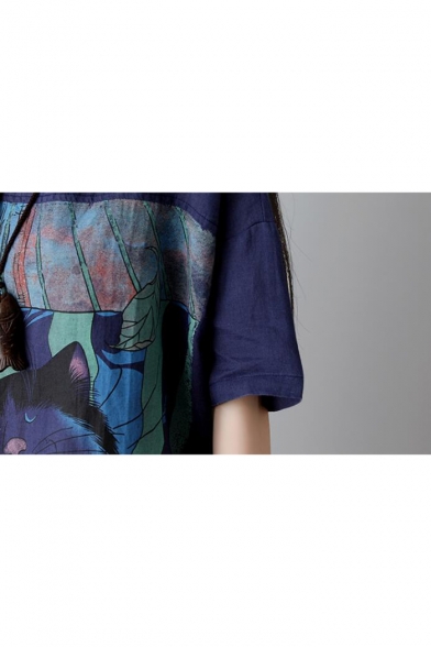 Summer Womens Plus Size Cute Cartoon Cat Printed Round Neck Tunic Oversized Linen T-Shirt
