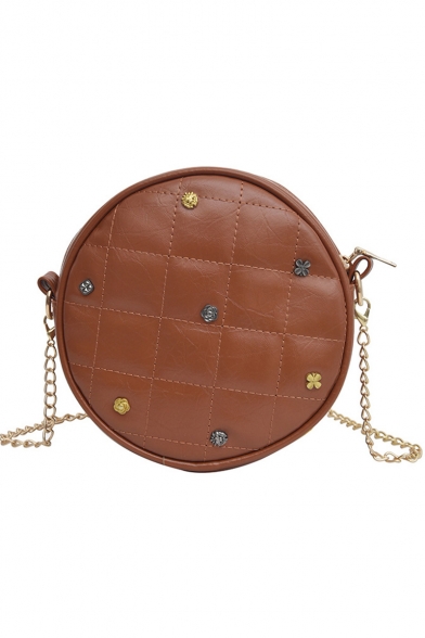 Trendy Plain Rivet Embellishment Quilted Circle PU Crossbody Bag 15*7*18 CM