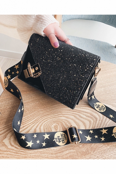 Trendy Stars Printed Strap Metal Buckle Patent Leather Sequin Crossbody Bag for Women 20*9*15 CM