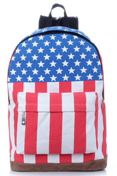 Unisex Stylish Flag Printed Blue and Red Canvas School Bag Backpack for Students 30*14*44 CM