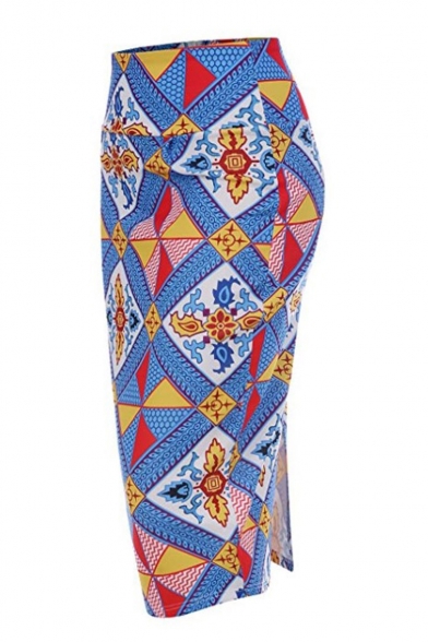 Vintage Ethnic Style Blue Geometric Printed Midi Pencil Skirt