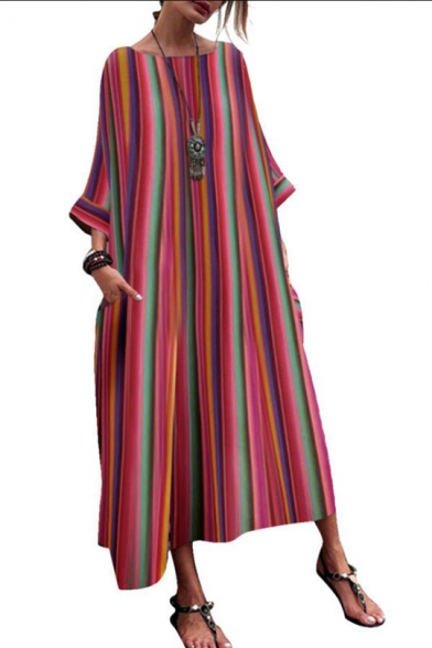 Women's Hot Fashion Ethnic Stripes Round Neck Long Sleeves Loose Maxi Dress With Pockets