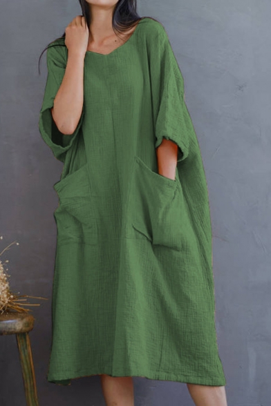 Women's Half Sleeve V-Neck Plain Printed Midi Loose Casual Linen Dress With Pockets