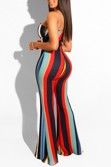 Women's New Multi Color Striped Print Sexy V-Neck Wide Legs Slim Fit Jumpsuits