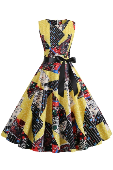 Women's Geometric Floral Pattern Sleeveless Round Neck Bow-Tied Waist Yellow Midi A-Line Dress