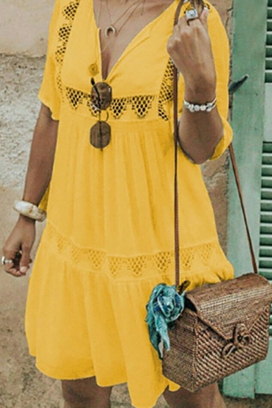 Women's New Trendy Plain Printed V-Neck Short Sleeve Cutout Detail Mini A-Line Dress