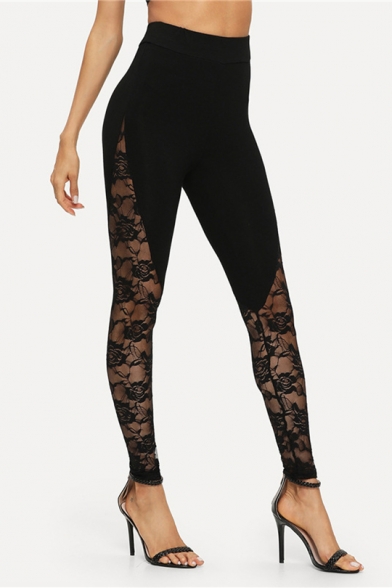 Women's New Trendy Sexy Lace Panel Hollow Out Yoga Pants Black Fitness Leggings