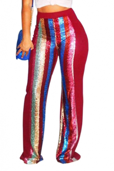Women's Night Club Sexy Colorful Sequined Patchwork Floor Length Pants