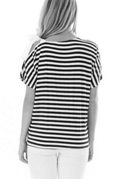 Women's Plus Size New Trendy Stripes Bow One Shoulder Round Neck Short Sleeve Loose T-Shirt