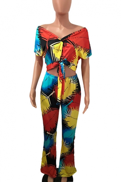 Women's Sexy Blue Tropical Leaf Printed Short Sleeve V Neck Bow-Tied Cutout Wide Leg Jumpsuits