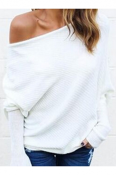 Women's Sexy One Shoulder Long Sleeve Simple Plain Ribbed Knit T-Shirt