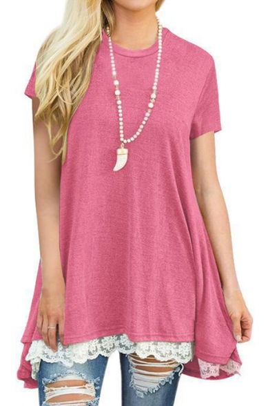 Womens Basic Round Neck Short Sleeve Simple Plain Lace-Trim Casual Loose T-Shirt