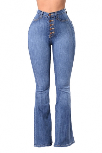 Womens Basic Simple Plain Button-Fly High Waist Slim Fit Flare Jeans
