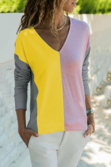 Womens Hot Fashion Color Block V-Neck Long Sleeve Loose Casual T-Shirt