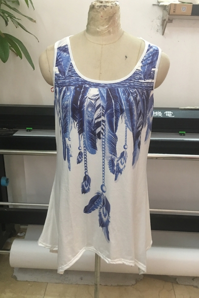 Womens Hot Fashion Feather Printed Chic Lace Panel Back Scoop Neck Sleeveless Asymmetrical Tank Top