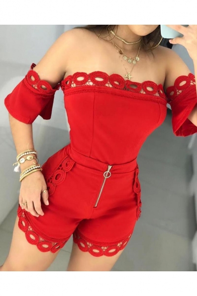Womens New Trendy Hollow Out Hem Solid Color Off the Shoulder Short Sleeve Zipper Front Slim Romper