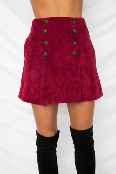 Womens Solid Color Double Button Down Zip Back Mini A-Line Corduroy Skirt