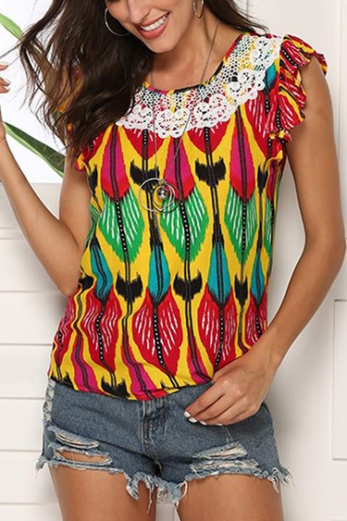 Womens Summer Fashion Tribal Printed Round Neck Ruffled Sleeve Lace-Trim Casual T-Shirt