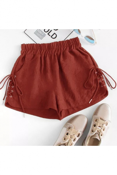 Womens Summer Solid Color Elastic Waist Lace-Up Side Loose Fit Shorts