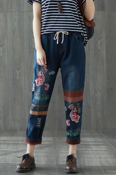 Womens Vintage Ethnic Style Floral Embroidery Drawstring Waist Loose Fit Blue Jeans