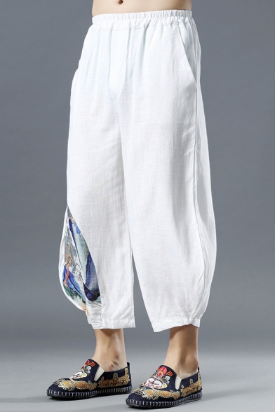 Chinese Style Landscape Painting Elastic Waist White Flax Cropped Loose Leisure Lounge Pants