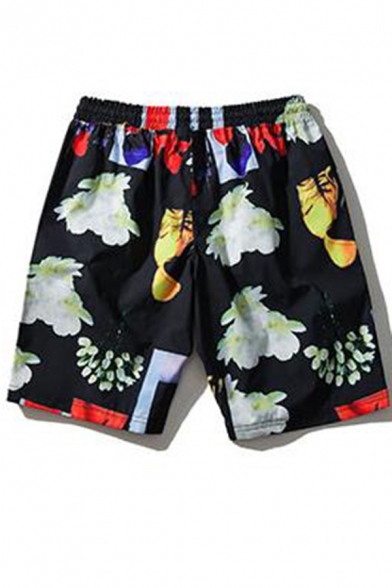 Cool Abstract Floral Printed Mens Cotton Black Quick Dry Board Shorts