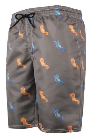 Cool Allover Seahorse Printed Men's Grey Drawstring Waist Beach Casual Swim Shorts