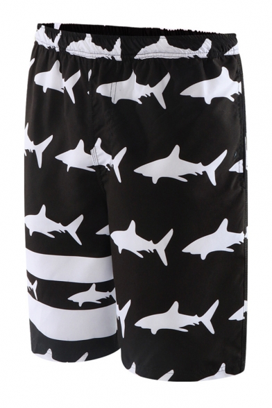 Cool Black and White Shark Fish Pattern Elastic Waist Guys Beach Swim Shorts with Liner
