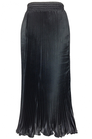 Designer Unique Fashion Metallic Color Elastic Waist Silk Satin Maxi Pleated Skirt