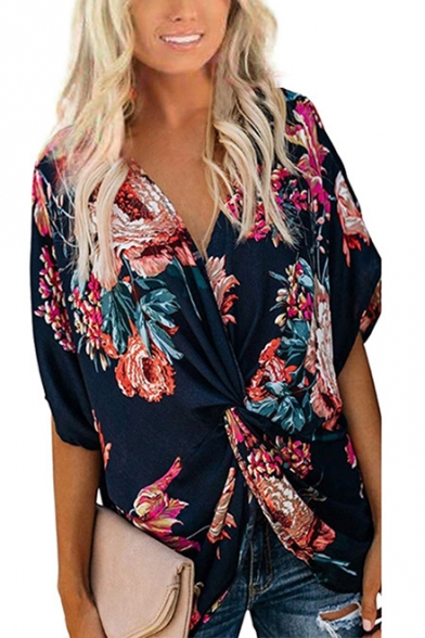 Fashion Batwing Sleeve Stylish Floral Printed Unique Twisted Front Top
